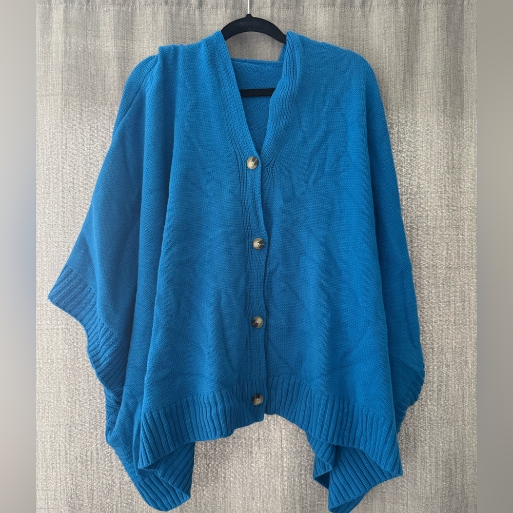 Blue Button-Up Poncho Sweater